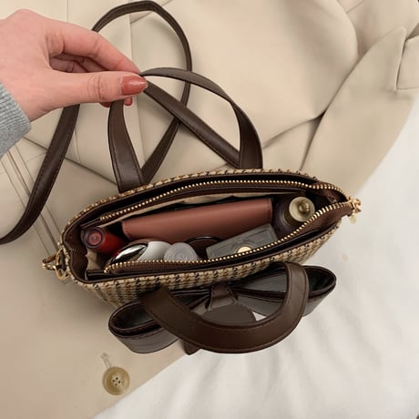 2WAY ハンドバッグ ショルダーバッグ ミニバッグ 千鳥格子 リボン チェック柄 バッグ 鞄 レトロ ホワイト ブラック ブラウン DTC-631010281178
