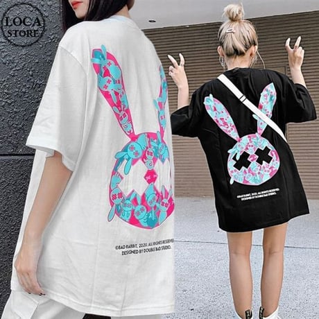 【2カラー】 ユニセックス Tシャツ 半袖 BADRABBIT うさぎ オーバーサイズ カジュアル 韓国ファッション メンズ レディース 韓国ストリートファッション DTC-619746188143