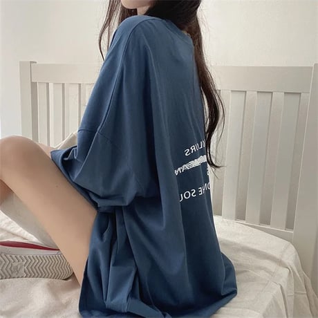 Tシャツ ワンポイント レタープリント 半袖 ドロップショルダー クルーネック シンプル ルーズ レトロ 大人可愛い ガーリー カジュアル ストリート女子 DTCA-833491440518