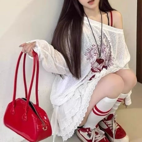 シアートップス 薄手 オフショルダー シアーtシャツ ロンt トップス UV対策 ゆったり ルーズ 長袖 レトロ 大人可愛い ガーリー カジュアル DTCA-930947193917