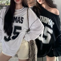 Tシャツ 長袖 ナンバリング レタープリント ロンT ワンショルダー オーバーサイズ トップス ルーズ レトロ 韓国ファッション レディース 大人可愛い ガーリー DTCA-861844447756
