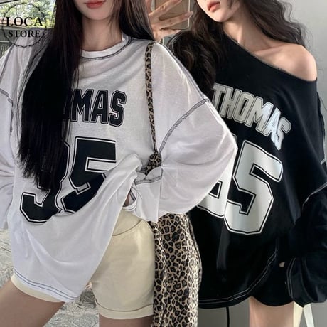 Tシャツ 長袖 ナンバリング レタープリント ロンT ワンショルダー オーバーサイズ トップス ルーズ レトロ 韓国ファッション レディース 大人可愛い ガーリー DTCA-861844447756