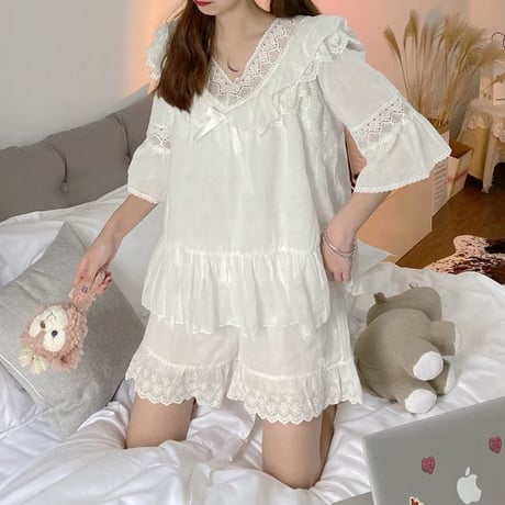 セットアップ ルームウェア パジャマ レース リボン Vネック 上下セット トップス パンツ 半袖 部屋着 韓国ファッション レディース 大人可愛い ガーリー DTC-673383905175
