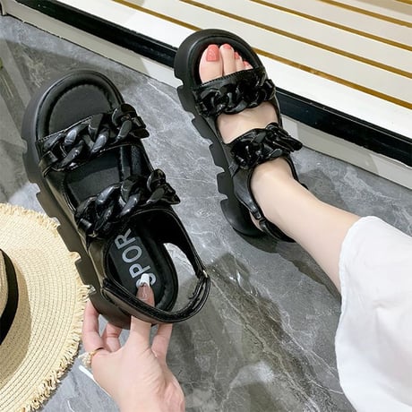 スポーツサンダル 22.5～25.0cm 厚底 チェーンモチーフ 韓国ファッション レディース スポサン マジックテープ 厚底サンダル カジュアル DTC-644611318028