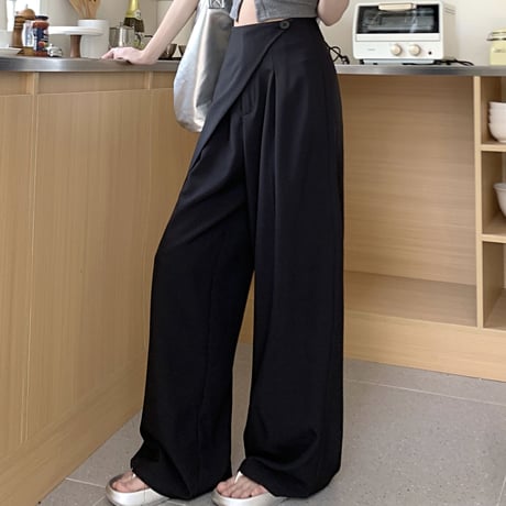 アシンメトリー モップパンツ ワイドパンツ タック ドレープ ハイウエスト ルーズ レトロ 韓国ファッション レディース 大人可愛い ガーリー DTC-778588912089