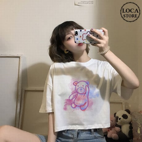 クマちゃん Tシャツ 半袖 ショート丈 ホワイト 韓国ファッション レディース ベアー 白 シンプル カットソー ラウンドネック かわいい カジュアル ガーリー 619021188402_wt