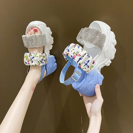 スポーツサンダル 22.0～24.5cm 厚底 スポサン ラインストーン バタフライ柄 厚底サンダル サンダル カジュアル 韓国ファッション レディース DTC-675536022627