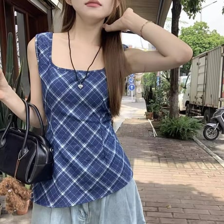 チェック柄 ノースリーブ トップス バックオープン 背中開き バックレス カットアウト タンクトップ レトロ 大人可愛い ガーリー DTCA-914975171686