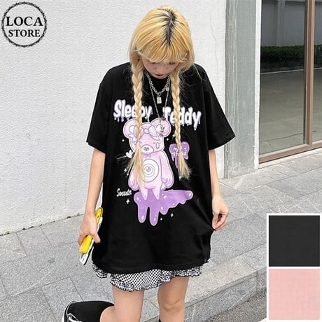 【2カラー】 ユニセックス Tシャツ 半袖 Sleepy Teddy オーバーサイズ カジュアル 韓国ファッション メンズ レディース 韓国ストリートファッション DTC-643729129197