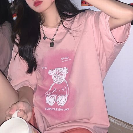 Tシャツ 半袖 クマちゃん ベアー プリント ラウンドネック オーバーサイズ 韓国ファッション レディース 大きめ ガーリー カジュアル ストリートファッション DTC-646471922876