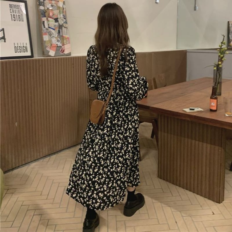 2色 ロングワンピース Vネック ハイウエスト フレンチ 上品 高級 花柄 ワンピース Vネック ハイウエスト 伸縮性ウエスト Aライン