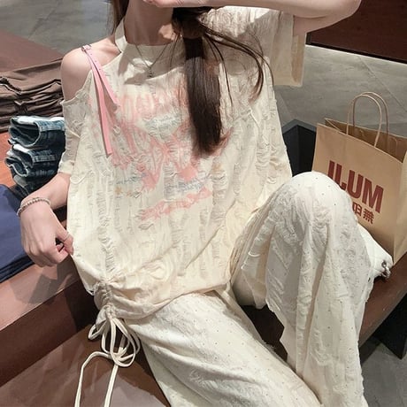 セットアップ 単品 ユーズド加工 Tシャツ ワイドパンツ ホルターネック ワンショルダー ドロスト 半袖 レトロ 韓国ファッション レディース 大人可愛い ガーリー DTC-805276142417