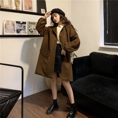 フード付き コート 韓国 ファッション レディース ポケット ランタンスリーブ パフ袖 アウター ロング丈コート ウールコート レトロ (DTC-606921346543)