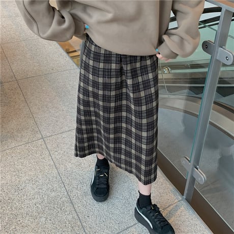 チェック柄 スカート ミドル丈 ハイウエスト 韓国ファッション レディース チェックスカート 秋冬 大人可愛い ガーリー DTC-630951732027