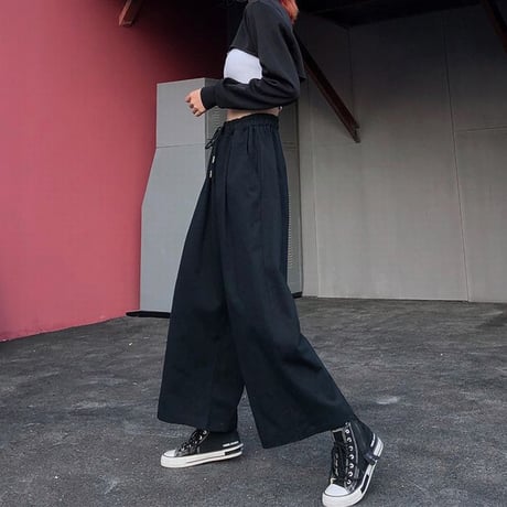 ユニセックス ワイドパンツ S M L XL ワイドレッグパンツ ウエスト紐 9分丈 ハイウエスト ゆったり 韓国ファッション メンズ レディース カジュアル DTC-638334168423
