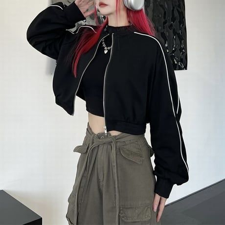 サイドライン ショート丈 ジャケット ジップアップ ルーズ 長袖 大人カジュアル ガーリー カジュアル 韓国ファッション レディース 韓国ストリートファッション DTC-680734456299