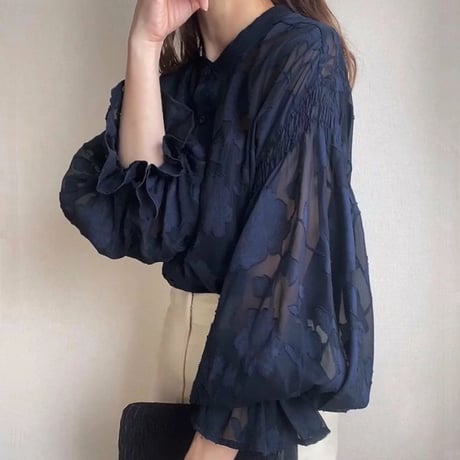 2WAY シアーブラウス 花柄レース フラワージャカード トップス ブラウス シアートップス ランタンスリーブ 9分袖 レトロ 大人可愛い ガーリー トレンド DTCA-898558261041