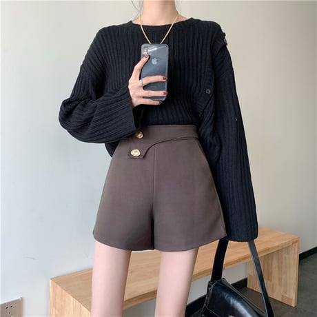 ショートパンツ ハイウエスト ボタン 韓国ファッション レディース ワイドレッグパンツ カジュアル 大人可愛い ガーリー DTC-631987259023