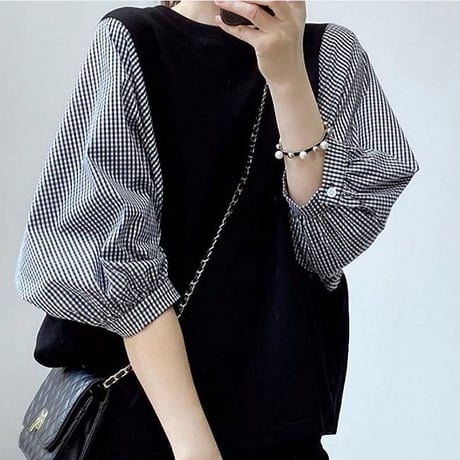 ドッキングブラウス 5分袖 トップス バルーン袖 チェック柄 無地 フェイクレイヤード Tシャツ レトロ 韓国ファッション レディース 大人可愛い ガーリー DTC-708136202207