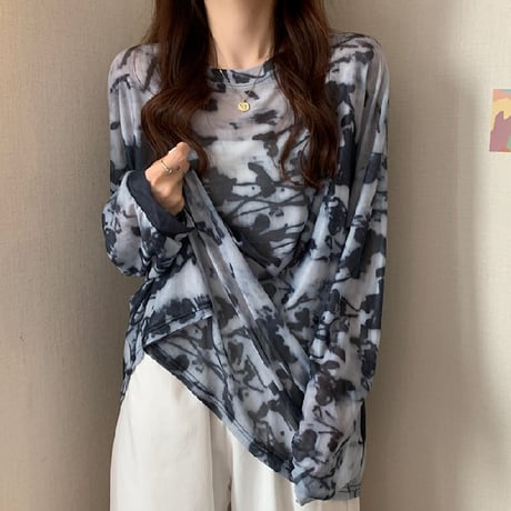 タイダイ柄 tシャツ シアートップス 薄手 クルーネック シアーtシャツ トップス オーバーサイズ ゆったり ルーズ 長袖 レトロ 大人可愛い ガーリー DTCA-745927970542