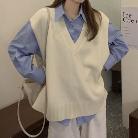 2点セット シャツ ニットベスト Vネック レイヤード ゆったり トップス レトロ 韓国ファッション レディース 大人可愛い ガーリー カジュアル DTC-652316612772