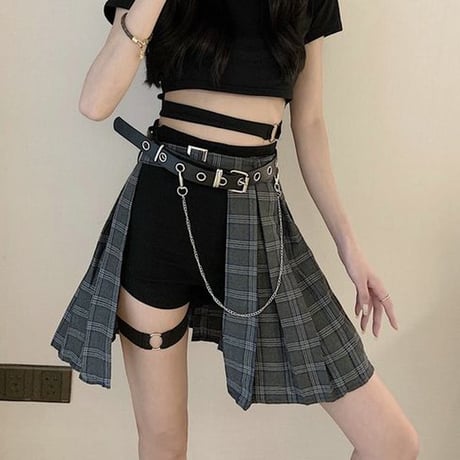 3点セット セットアイテム チェック柄スカート ショートパンツ ベルト プリーツ ハイウエスト Aライン レトロ 韓国ファッション レディース 大人可愛い ガーリー DTC-594995404780