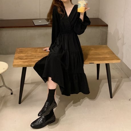 ティアードワンピース Vネック ロング丈 ハイウエスト 長袖 韓国ファッション レディース ミニワンピース 大人可愛い ガーリー フェミニン DTC-652647299876