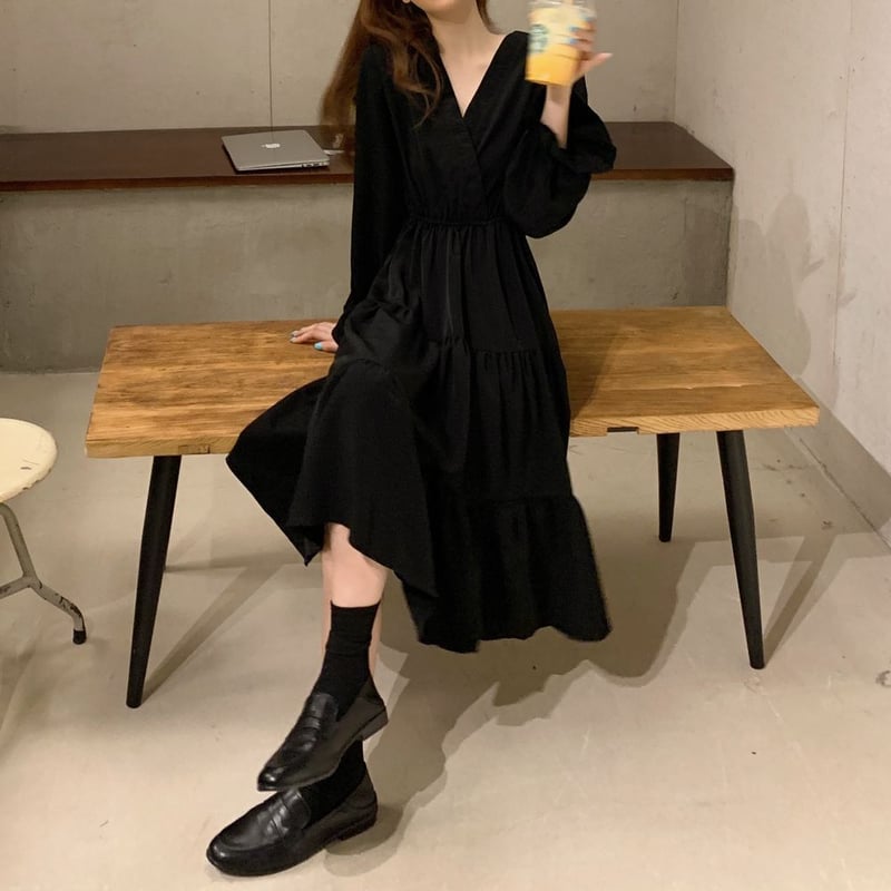 ロング Vネック ボリュームスリーブ ティアードワンピース 韓国 ティアードワンピース Vネック ロング丈 ハイウエスト 長袖 韓国
