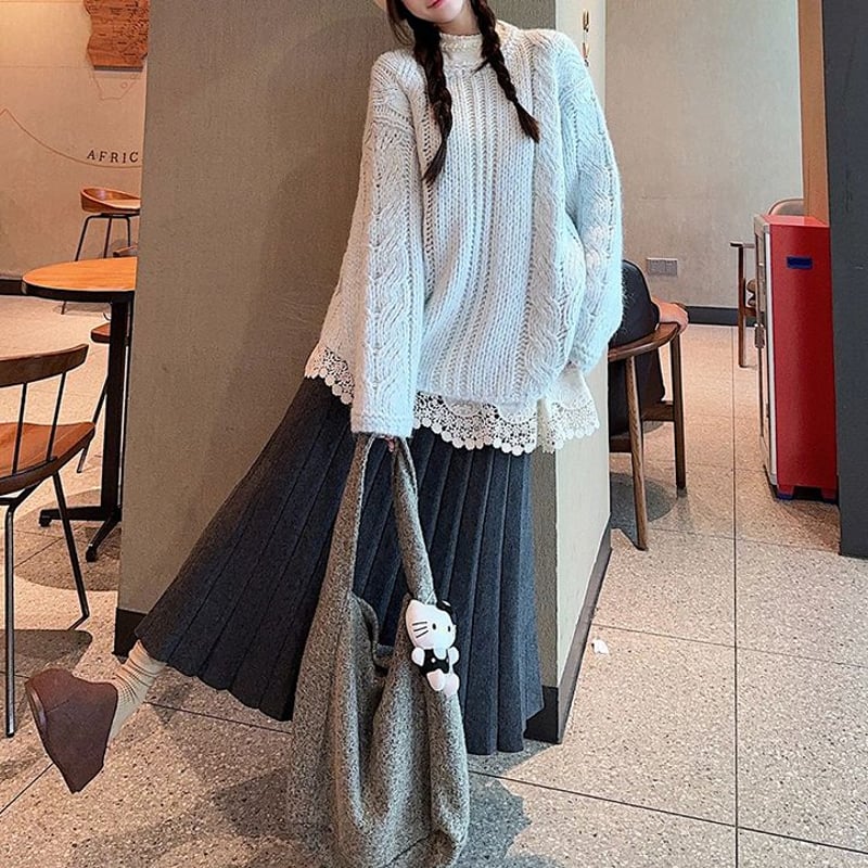 セットアップ 3点セット ニット セーター ケーブル編み レースインナー