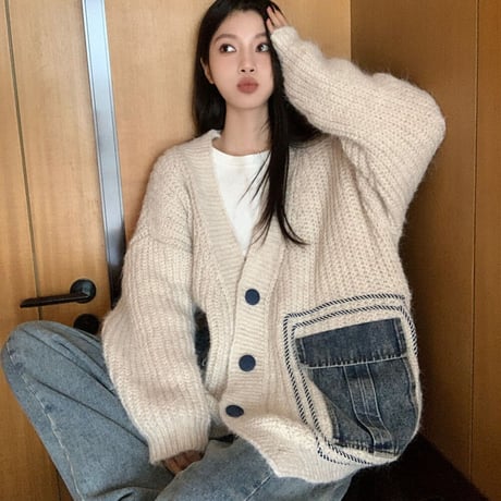 カーディガン ニット デニムミックス 異素材 オーバーサイズ 長袖 ルーズ ゆったり レトロ 韓国ファッション レディース 大人可愛い ガーリー カジュアル DTC-738962872965