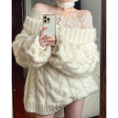 ニット ケーブル編み レース オフショルダー ボタン トップス 長袖 ゆったり ルーズ レトロ 大人可愛い ガーリー DTCA-974012246141