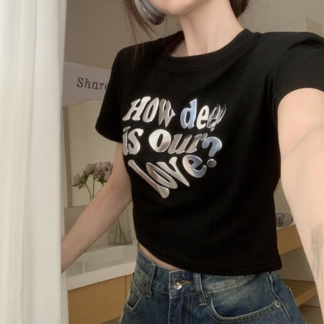クロップド丈 Tシャツ 半袖 トップス ショート丈 クルーネック 韓国ファッション レディース 大人可愛い ガーリー カジュアル DTC-719382053404
