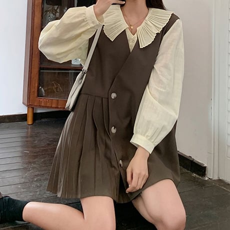セットアップ ブラウス ＋ ベストワンピース プリーツ フロントボタン 韓国ファッション レディース 2点セット 大人可愛い ガーリー フェミニン レトロ DTC-641172143458