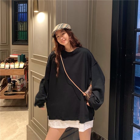 フェイクレイヤード トレーナー カットソー ロンT 重ね着風 切り替え チュニック パフスリーブ プルオーバー スウェット ドロップショルダー 長袖 レトロ DTCA-660500807262