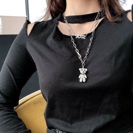 2連ネックレス SKRロゴ キラキラ クマちゃん ペンダント ネックレス CZ キュービックジルコニア 金属アレルギー対応 チタン ユニセックス ストリート TBN-606977142601