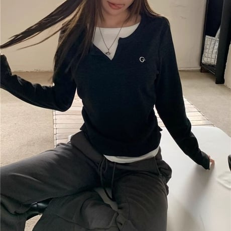 フェイクレイヤード トップス キーネック Tシャツ ロンＴ ロゴ 重ね着風 プルオーバー スリムフィット フェイクツーピース 長袖 大人可愛い ガーリー カジュアル DTCA-758755751432