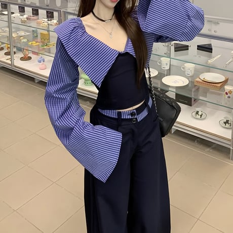 セットアップ 上下セット ストライプ柄 トップス ワイドパンツ 2way Vネック オフショルダー ブラウス ボトムス 長袖 レトロ 大人可愛い ガーリー DTCA-886455915338
