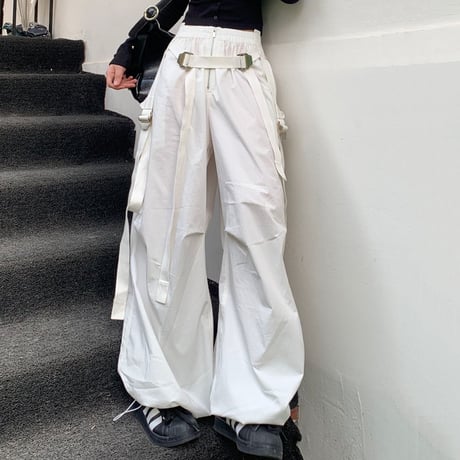 パラシュートパンツ ストラップ ワイドパンツ ストレート パンツ ボトムス ルーズ ハイウエスト レトロ 韓国ファッション レディース 大人可愛い ガーリー DTC-774308250519
