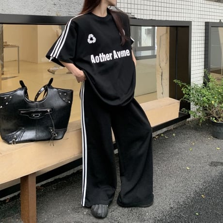 セットアップ サイドライン Tシャツ ワイドパンツ 半袖 ロゴ トップス スポーツミックス 上下セット レトロ 韓国ファッション レディース 大人可愛い ガーリー DTC-786931285601