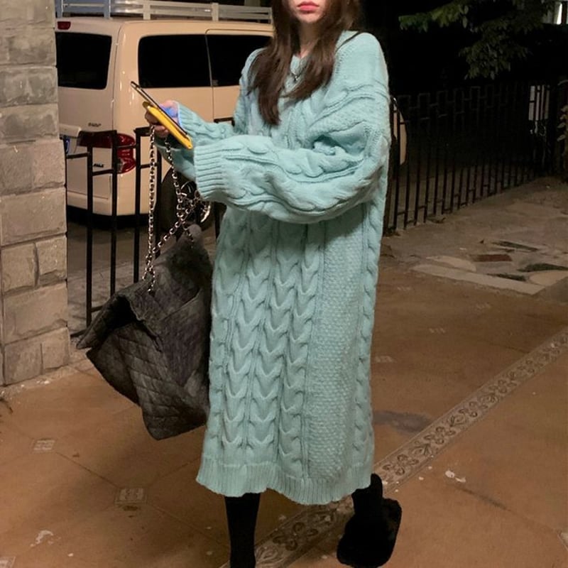 美品✨️Dw2R ローゲージニットワンピース 長袖 ケーブル編み ダークグレー