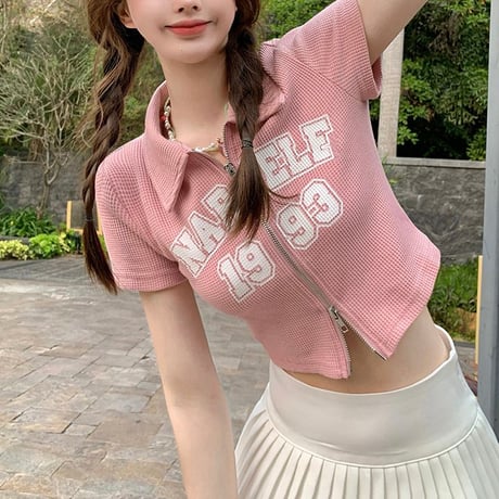 ダブルジップ ワッフル トップス 襟付き Tシャツ クロップド丈 ショート丈 レタープリント 半袖 シンプル ルーズ レトロ 大人可愛い ガーリー カジュアル DTCA-711769972021