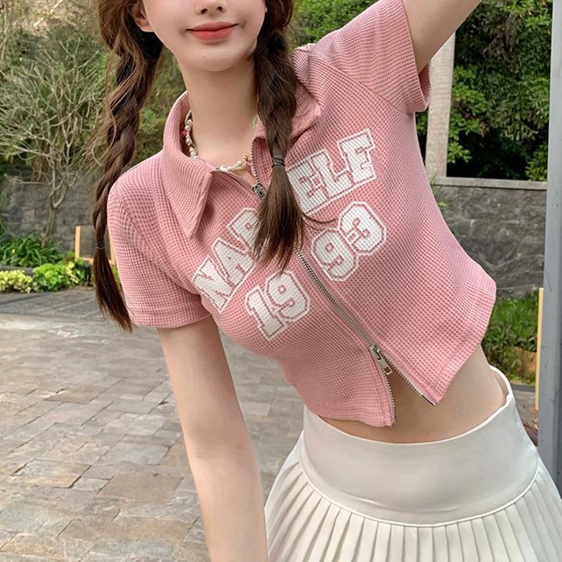 ダブルジップ ワッフル トップス 襟付き Tシャツ クロップド丈