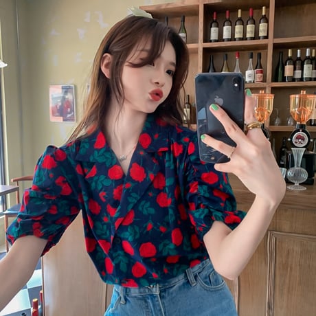 花柄 シャツ パフスリーブ 半袖 薔薇 開き襟 ルーズ レトロ 韓国ファッション レディース 大人可愛い ガーリー フェミニン DTC-647937909050