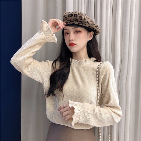 【トップス】 ハーフハイネック 長袖 ボトミングシャツ 韓国ファッション レディース アプリコット ブラック 大人可愛い かわいい ガーリー 630346324534