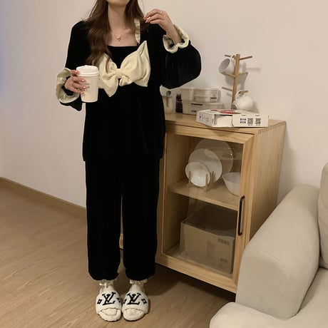 ルームウェア パジャマ セットアップ リボン ベルベット トップス + パンツ 長袖 上下セット 韓国ファッション レディース ガーリー 636735198622