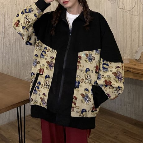 ジャケット くまちゃん ベアー ジップアップ 薄手 長袖 レトロ ルーズ 韓国ファッション レディース 大人可愛い ガーリー カジュアル ストリートファッション DTC-652685578373