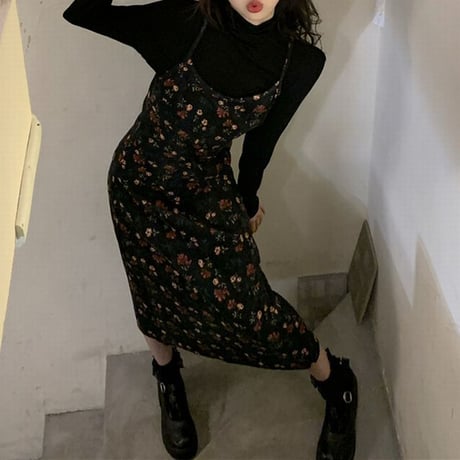 花柄 キャミワンピース スリングワンピース ロング丈 ノースリーブ レトロ 韓国ファッション レディース 大人可愛い ガーリー フェミニン DTC-657889153535