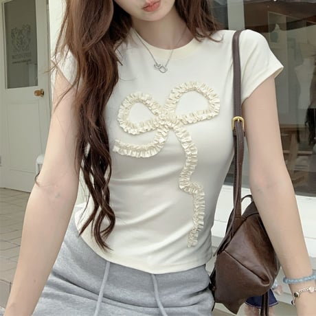 立体リボン Tシャツ リボンコード フリル タイト スリムフィット ショート丈 クルーネック 半袖 レトロ 大人可愛い ガーリー カジュアル DTCA-802763810438