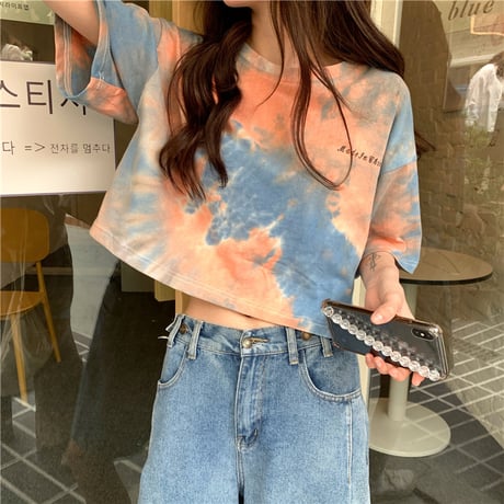 【3カラー】  Tシャツ タイダイ柄 半袖 クロップド丈 ショート丈 へそ出し 絞り染め カジュアル 韓国ファッション レディース 韓国ストリートファッション DTC-646013907781