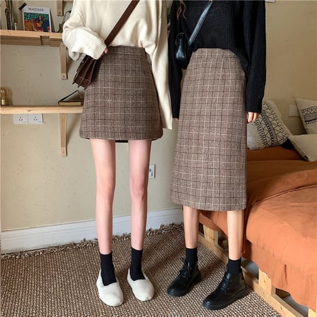【2点セット】 ミニスカート ＋ ロングスカート 韓国ファッション レディース スカート ブラウン チェック柄 ハイウエスト タイトスカート ウール レトロ (DTC-605623602308_02)